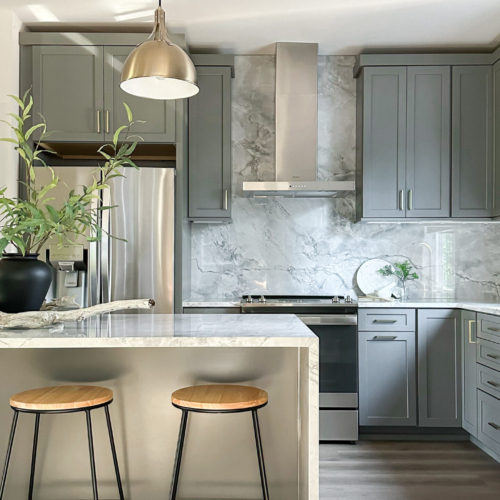 Modern kitchen featuring a sleek quartz countertop with clean lines