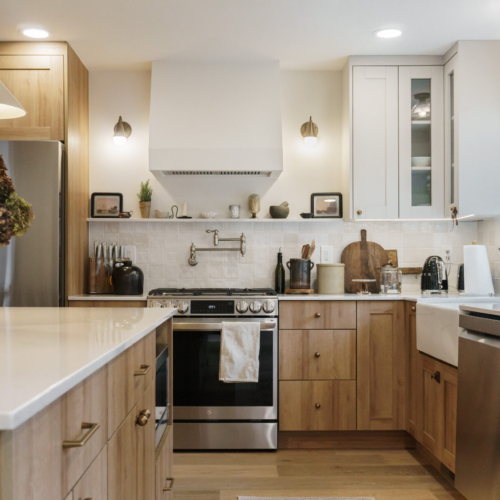 Modern kitchen featuring a sleek quartz countertop with clean lines