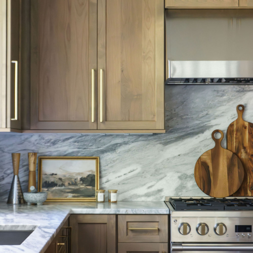 Modern kitchen featuring a sleek quartz countertop with clean lines