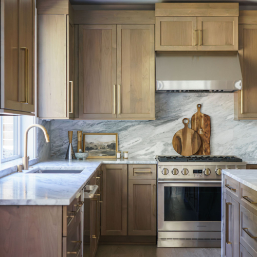 Modern kitchen featuring a sleek quartz countertop with clean lines
