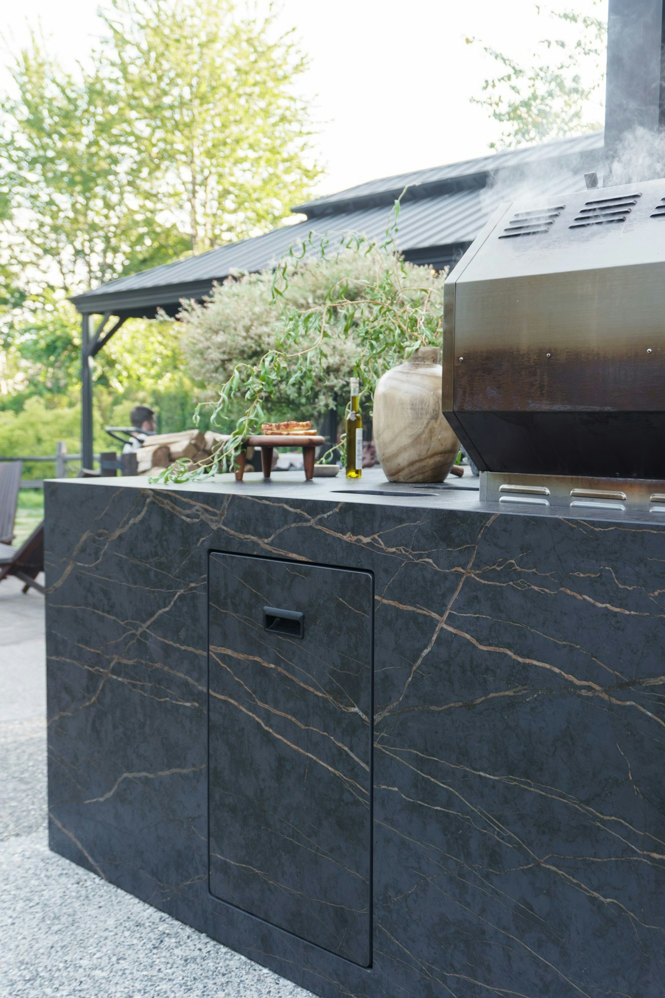 Dekton Taga fireplace cladding detail, indoor living space